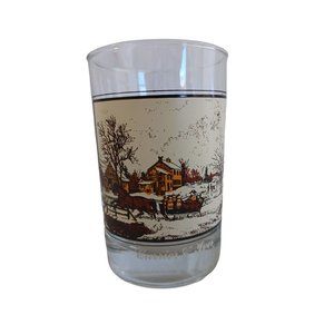 1980's Currier & Ives Winter Scene Bar Glass Heavy Bottom 4.75"x 3" Collectible
